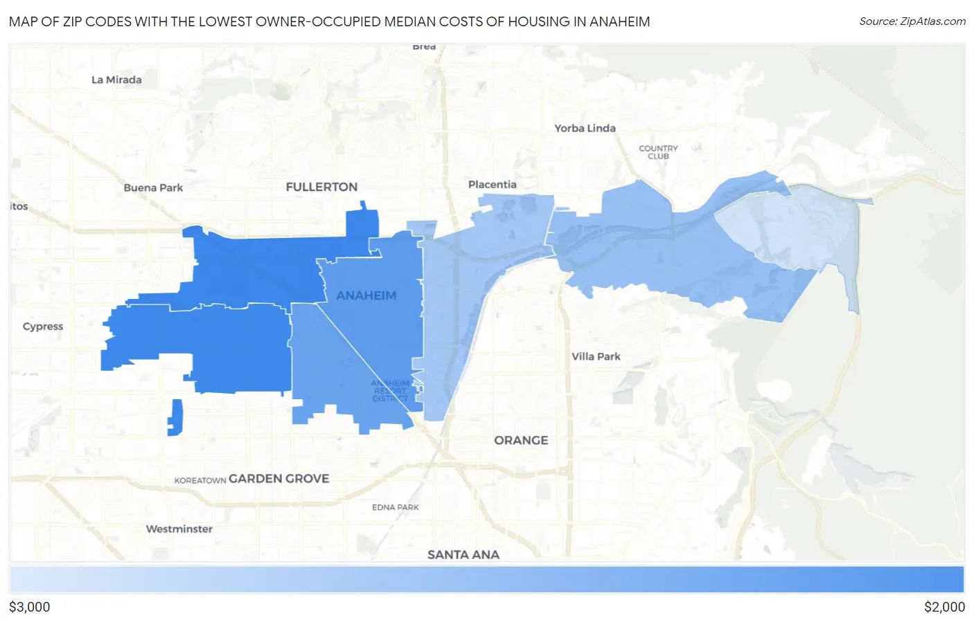 Zip Codes with the Lowest Owner-Occupied Median Costs of Housing in Anaheim Map