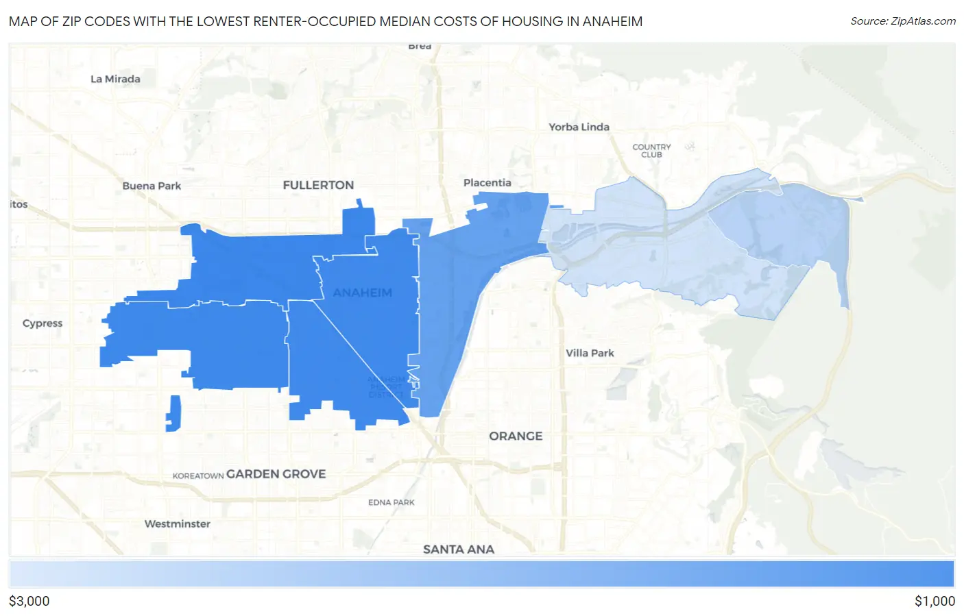 Zip Codes with the Lowest Renter-Occupied Median Costs of Housing in Anaheim Map