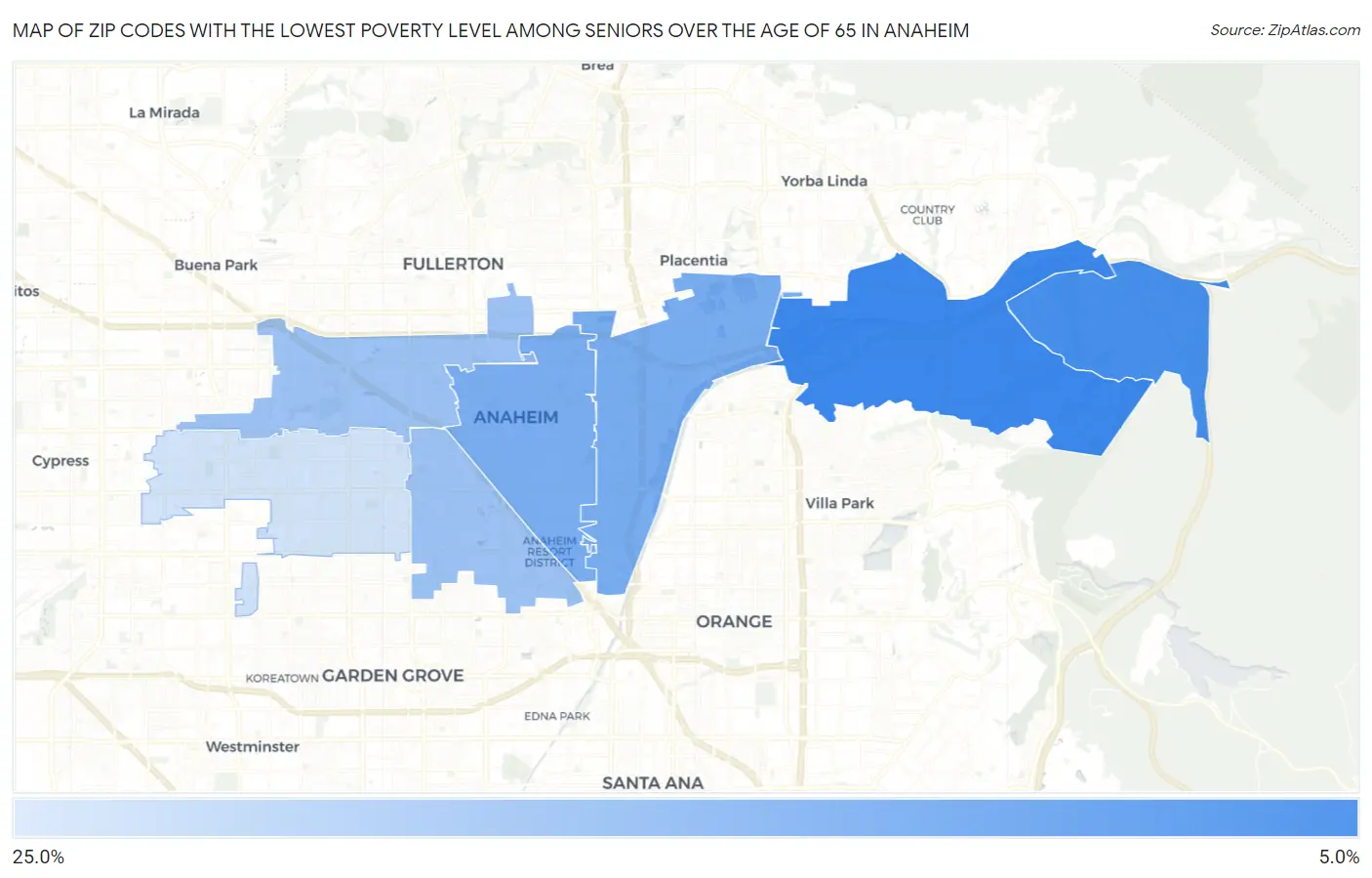 Zip Codes with the Lowest Poverty Level Among Seniors Over the Age of 65 in Anaheim Map