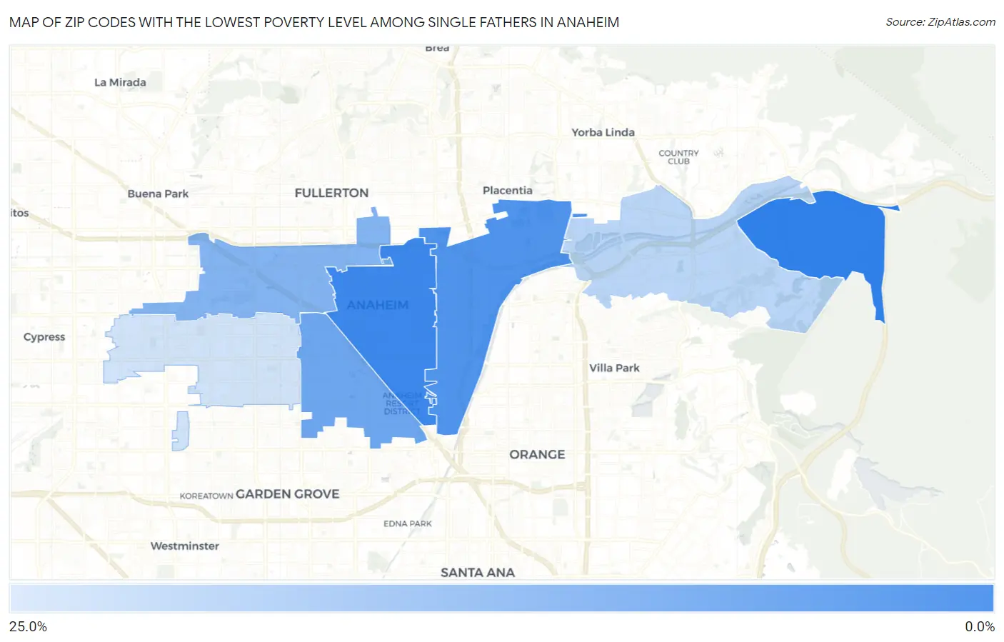 Zip Codes with the Lowest Poverty Level Among Single Fathers in Anaheim Map