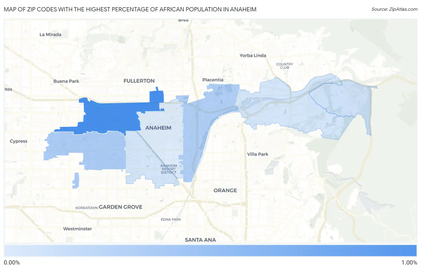 Zip Codes with the Highest Percentage of African Population in Anaheim Map