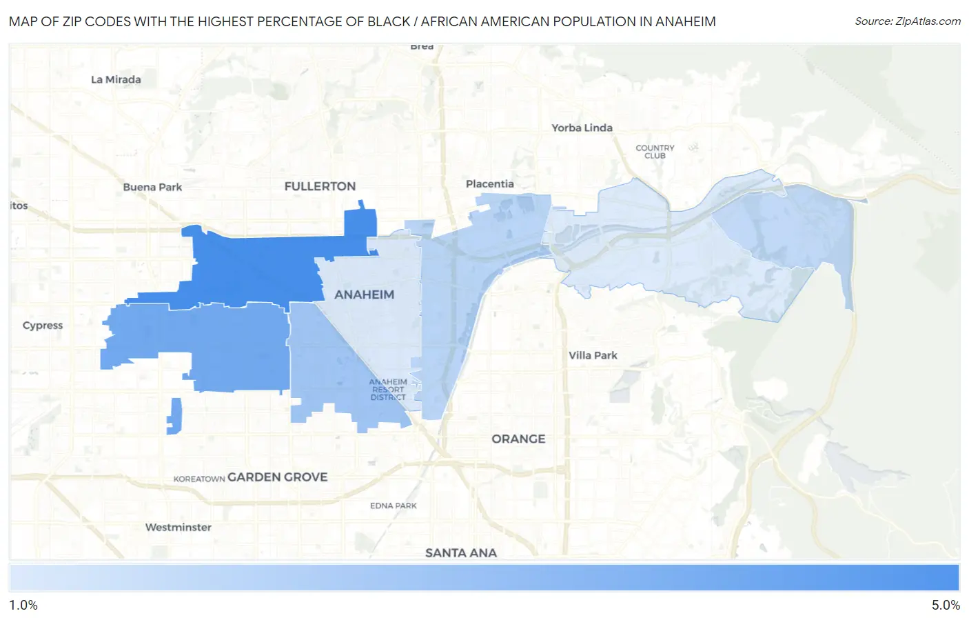 Zip Codes with the Highest Percentage of Black / African American Population in Anaheim Map