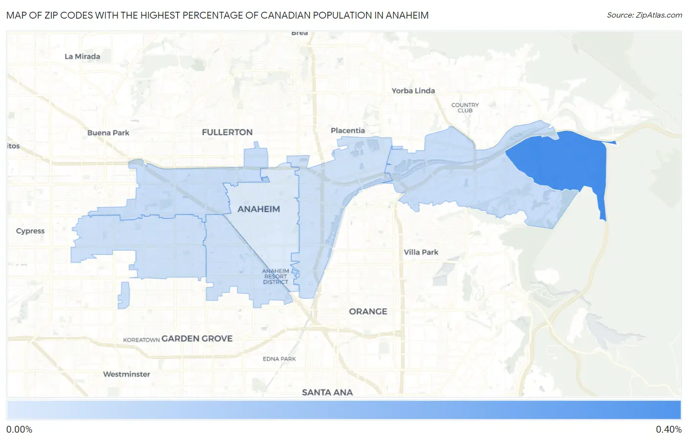 Zip Codes with the Highest Percentage of Canadian Population in Anaheim Map