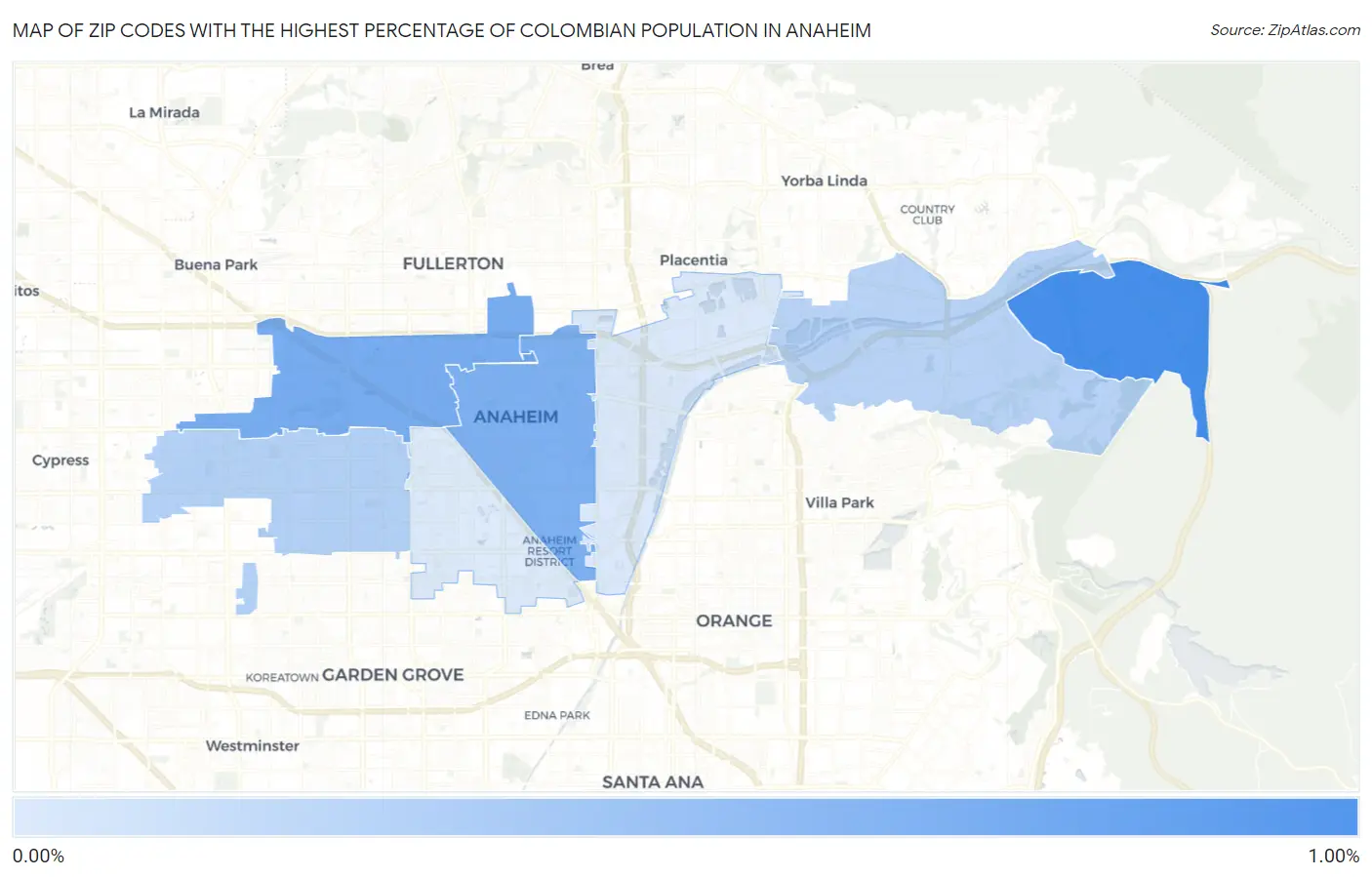 Zip Codes with the Highest Percentage of Colombian Population in Anaheim Map