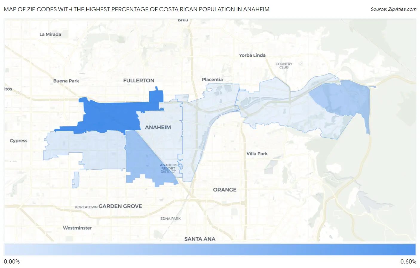 Zip Codes with the Highest Percentage of Costa Rican Population in Anaheim Map
