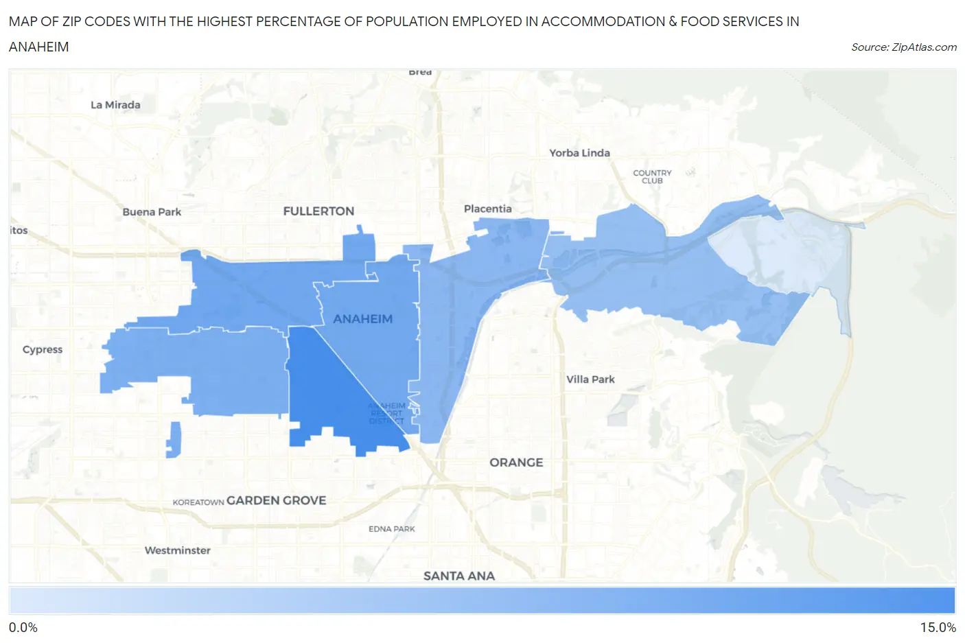Zip Codes with the Highest Percentage of Population Employed in Accommodation & Food Services in Anaheim Map