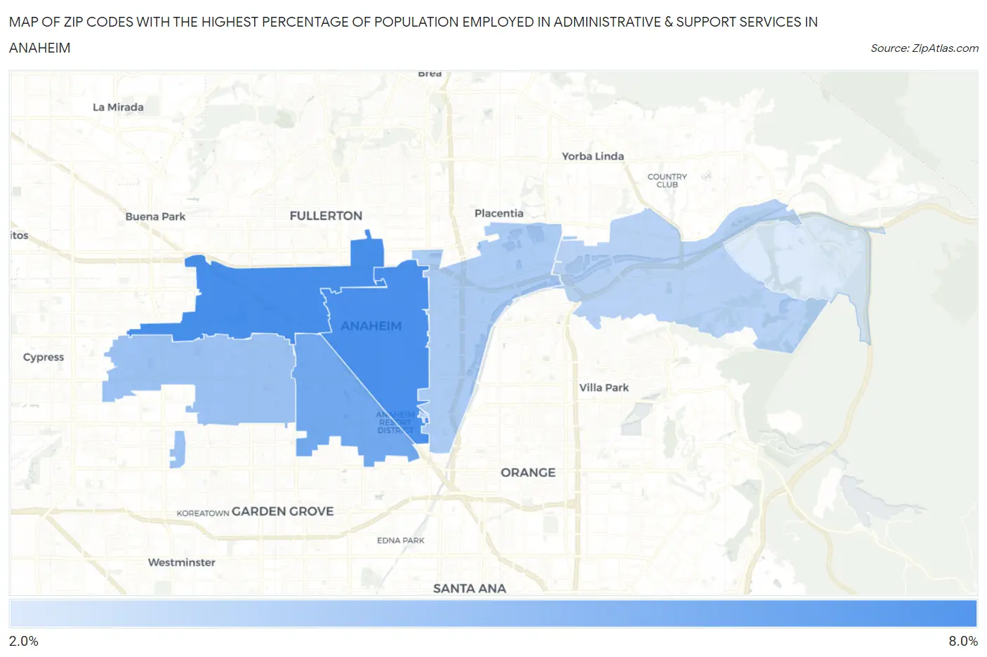 Zip Codes with the Highest Percentage of Population Employed in Administrative & Support Services in Anaheim Map
