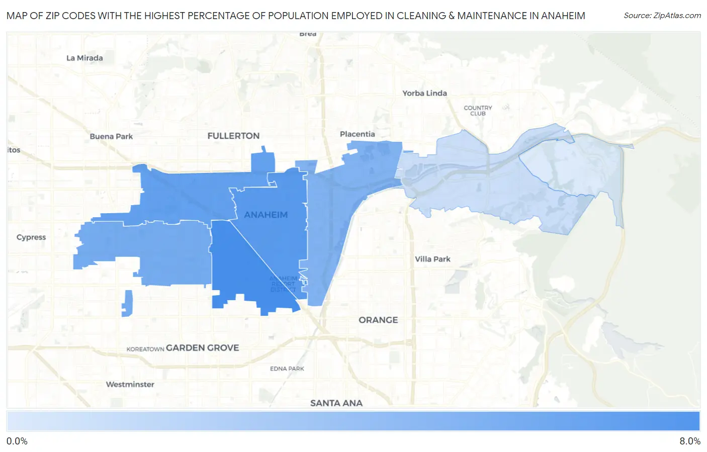 Zip Codes with the Highest Percentage of Population Employed in Cleaning & Maintenance in Anaheim Map