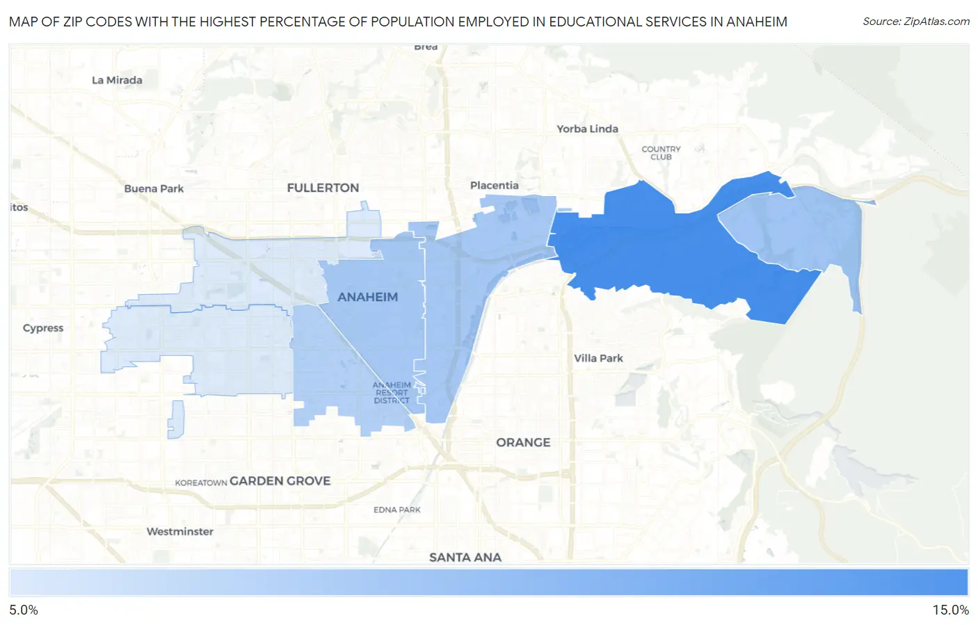 Zip Codes with the Highest Percentage of Population Employed in Educational Services in Anaheim Map
