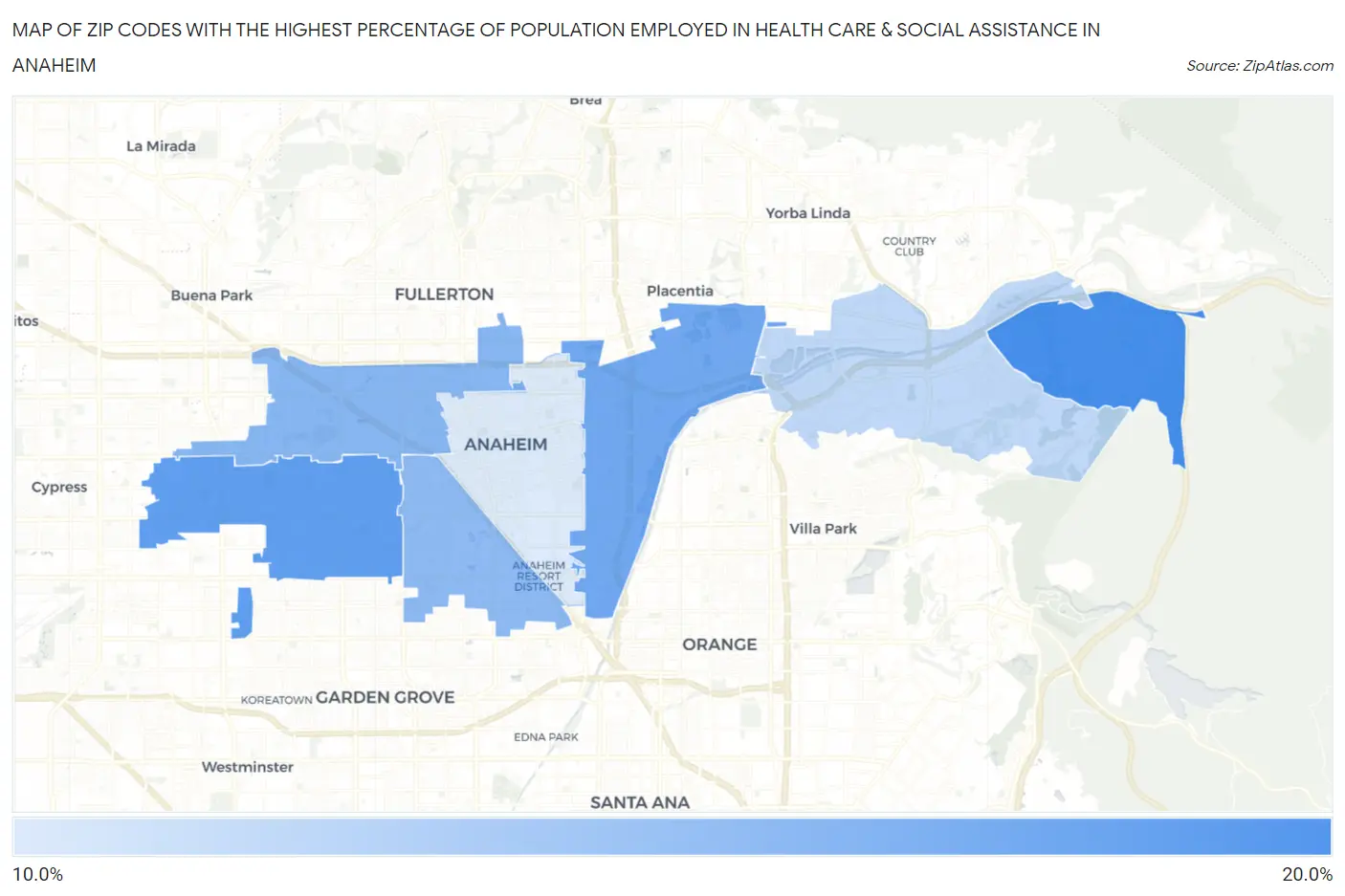 Zip Codes with the Highest Percentage of Population Employed in Health Care & Social Assistance in Anaheim Map