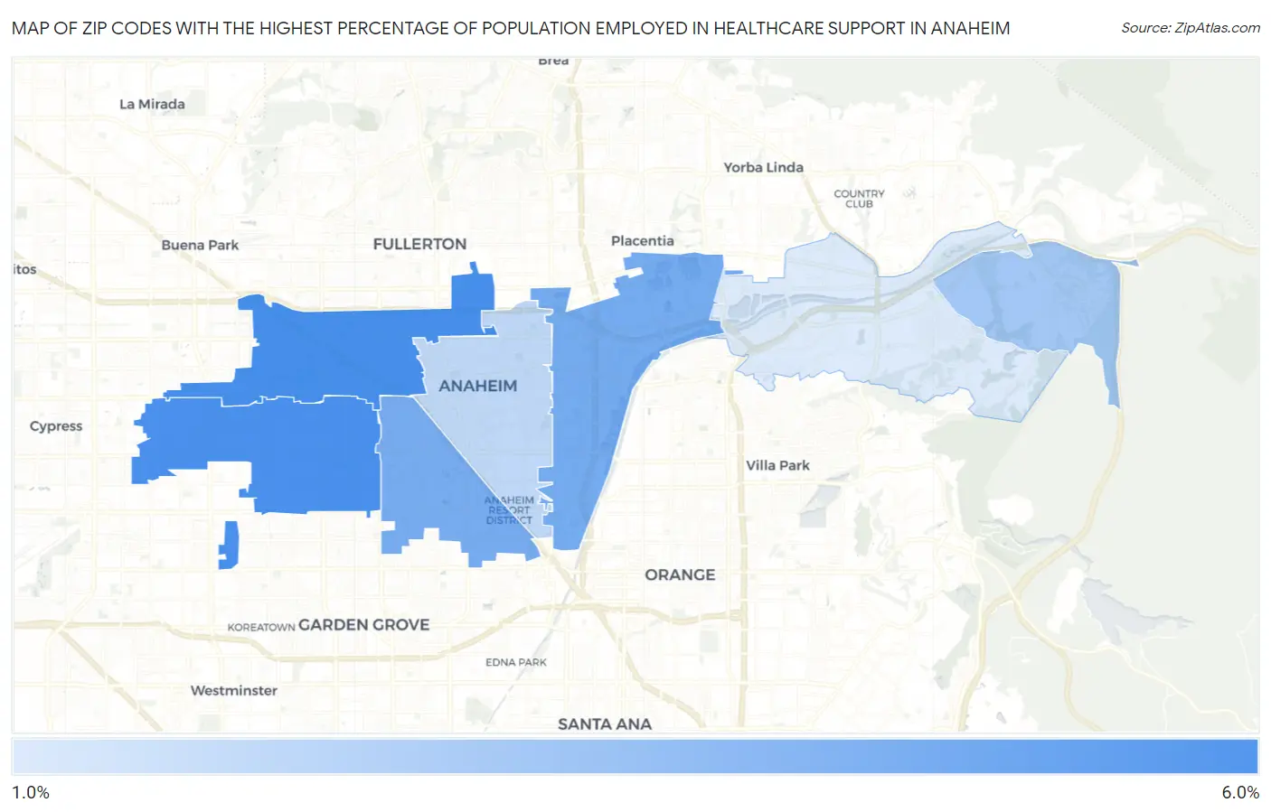 Zip Codes with the Highest Percentage of Population Employed in Healthcare Support in Anaheim Map