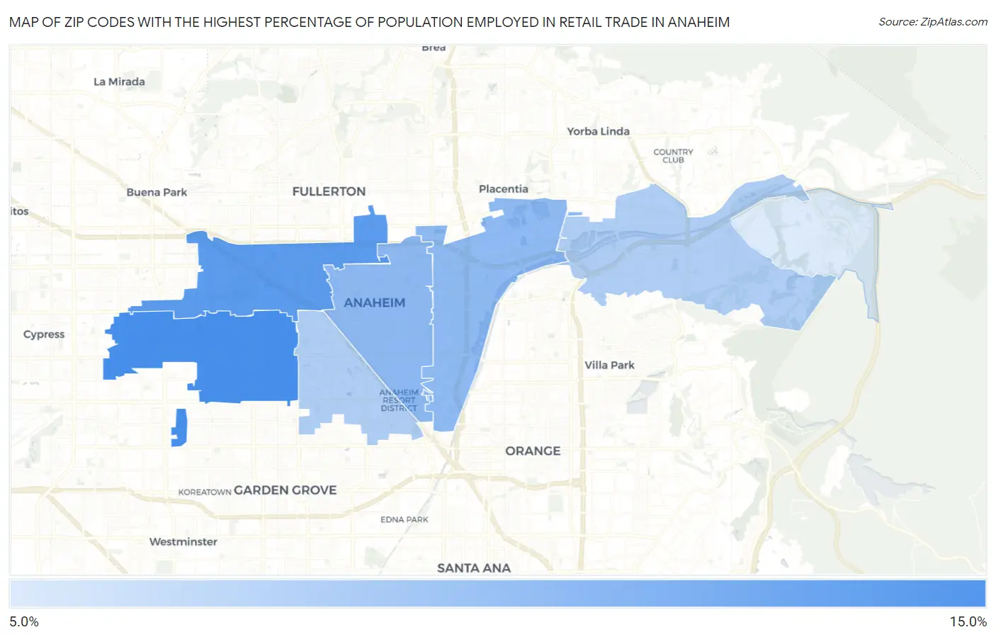Zip Codes with the Highest Percentage of Population Employed in Retail Trade in Anaheim Map