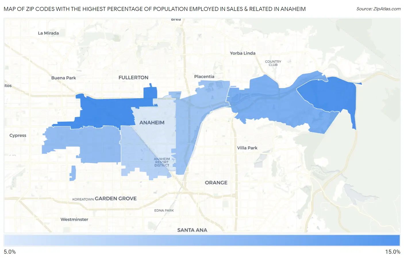 Zip Codes with the Highest Percentage of Population Employed in Sales & Related in Anaheim Map