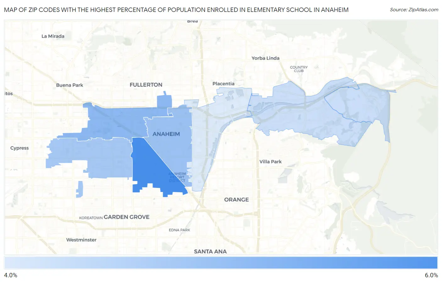 Zip Codes with the Highest Percentage of Population Enrolled in Elementary School in Anaheim Map