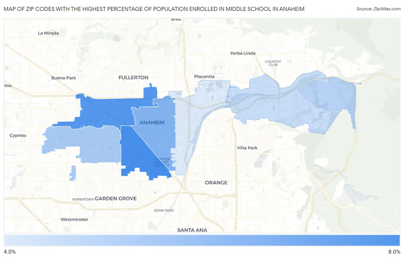 Zip Codes with the Highest Percentage of Population Enrolled in Middle School in Anaheim Map
