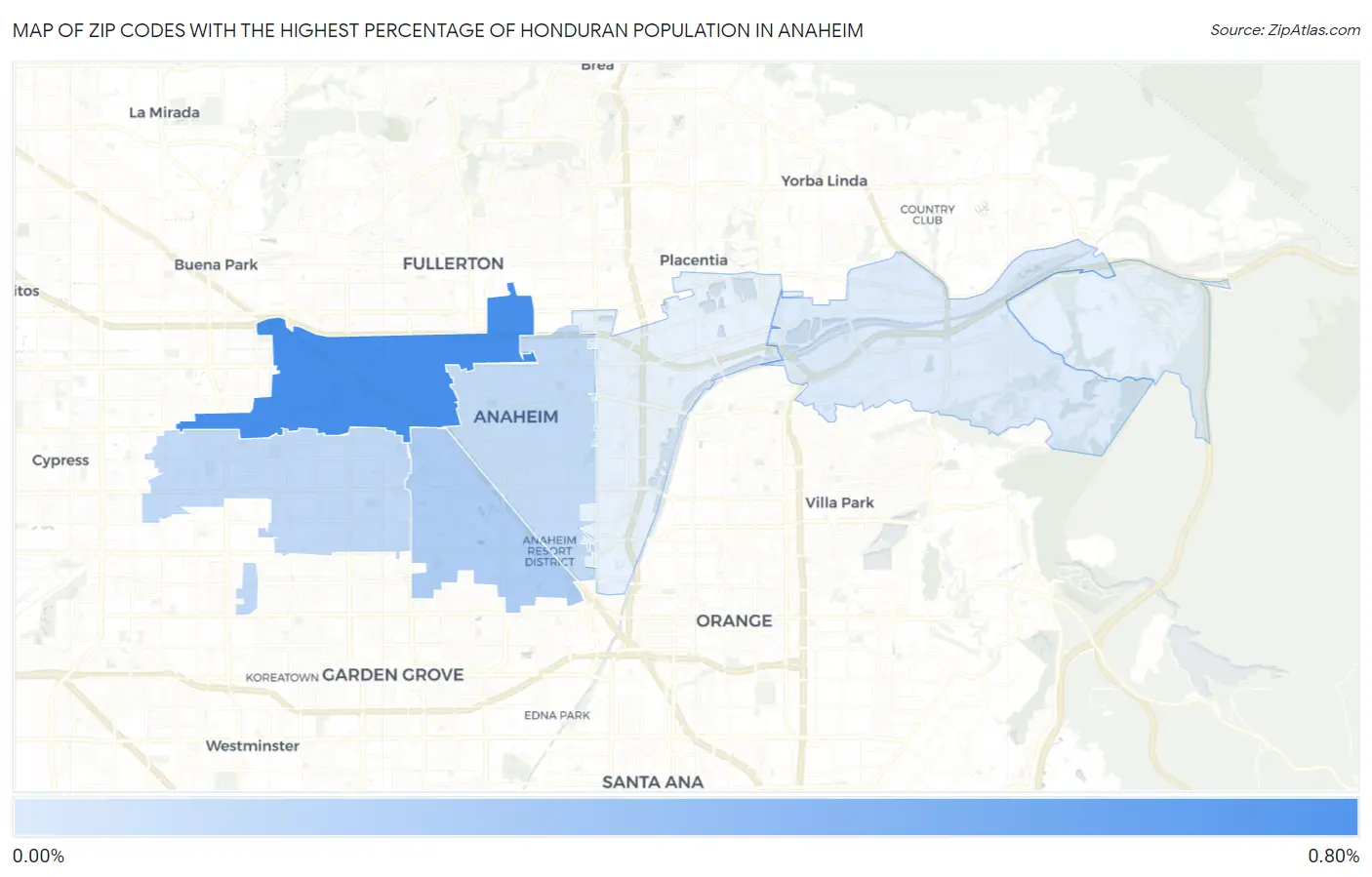 Zip Codes with the Highest Percentage of Honduran Population in Anaheim Map