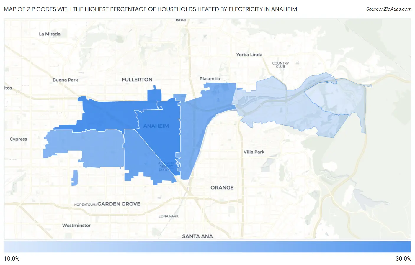 Zip Codes with the Highest Percentage of Households Heated by Electricity in Anaheim Map