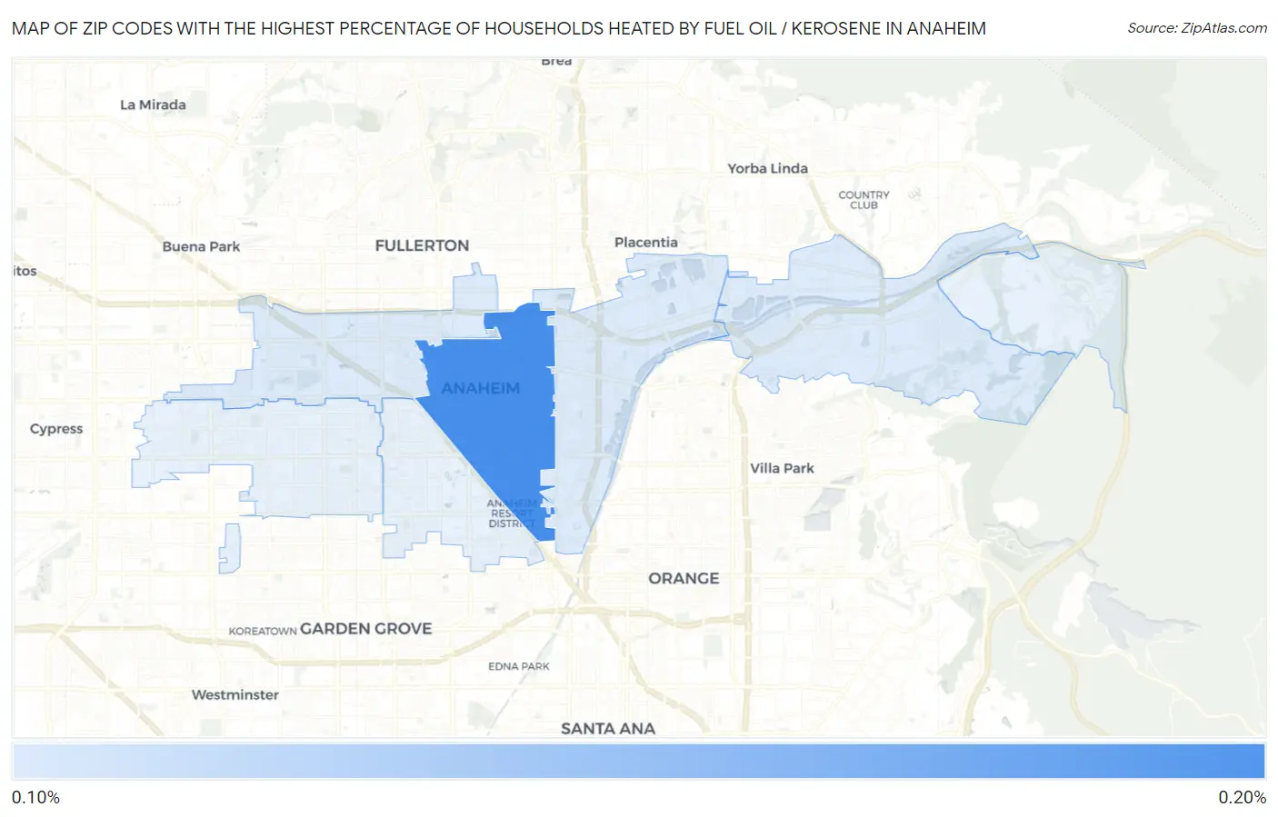 Zip Codes with the Highest Percentage of Households Heated by Fuel Oil / Kerosene in Anaheim Map