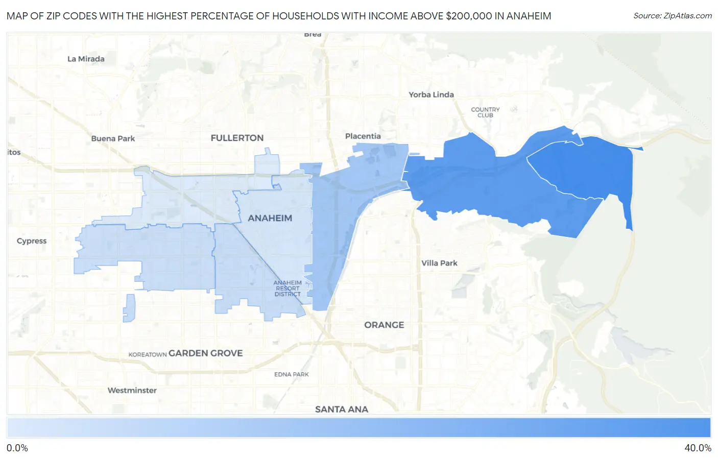 Zip Codes with the Highest Percentage of Households with Income Above $200,000 in Anaheim Map