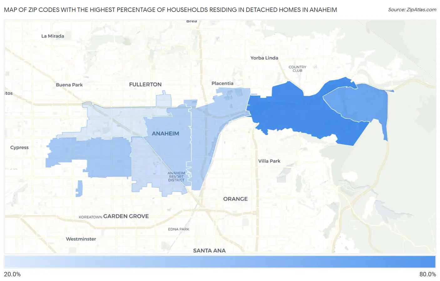 Zip Codes with the Highest Percentage of Households Residing in Detached Homes in Anaheim Map