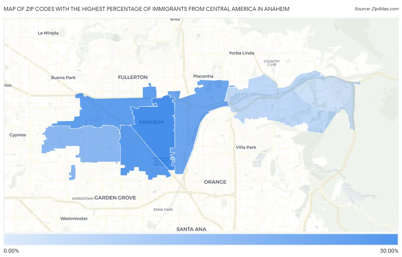Zip Codes with the Highest Percentage of Immigrants from Central America in Anaheim Map