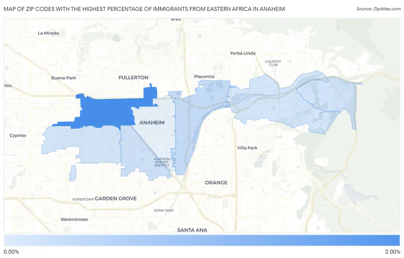 Zip Codes with the Highest Percentage of Immigrants from Eastern Africa in Anaheim Map