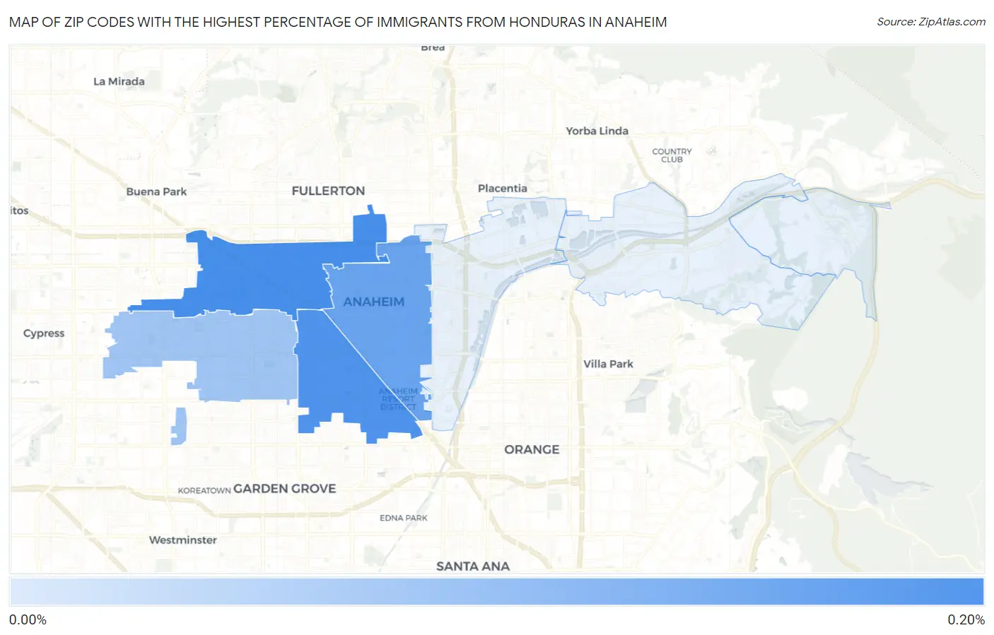 Zip Codes with the Highest Percentage of Immigrants from Honduras in Anaheim Map