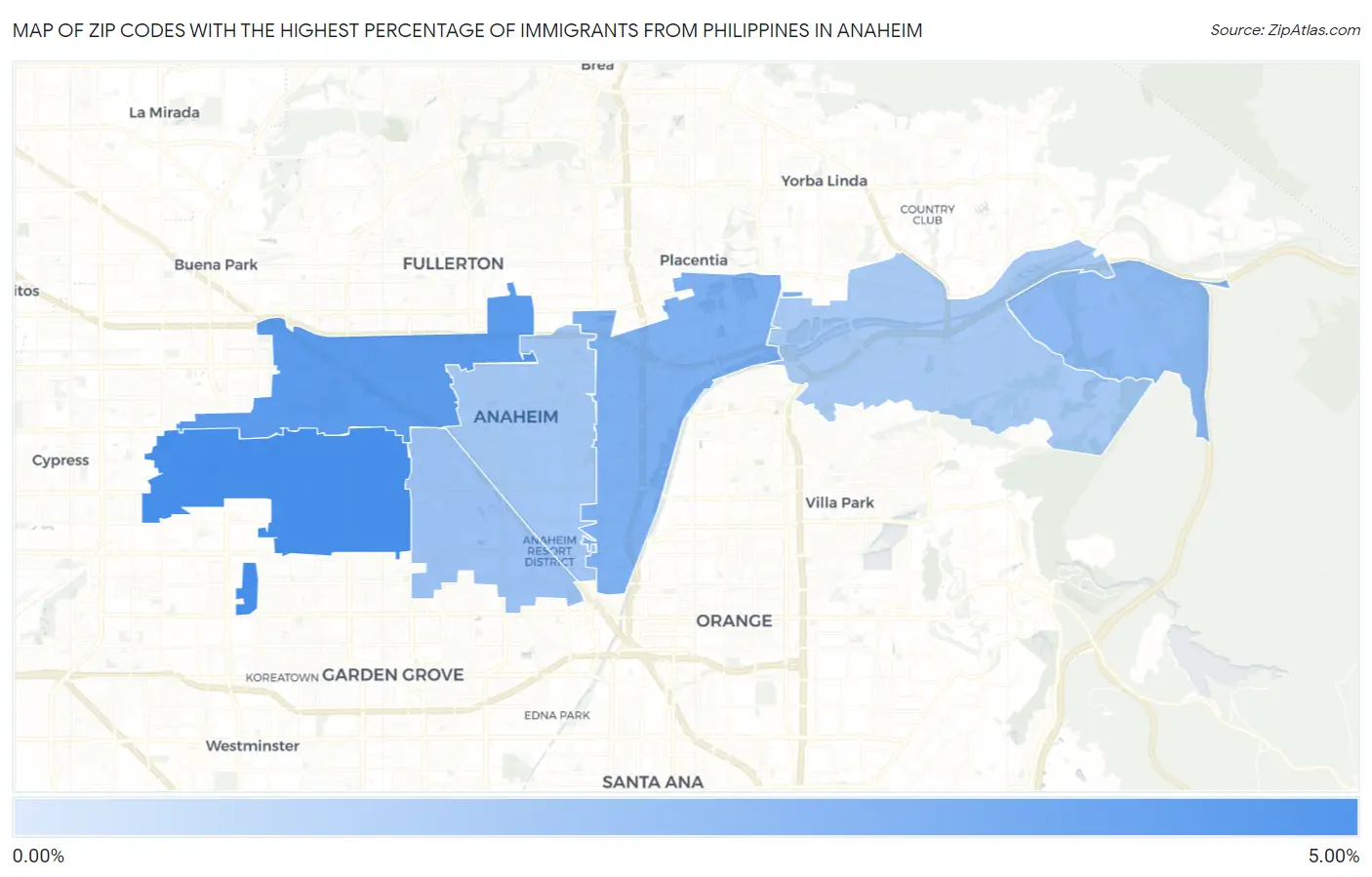 Zip Codes with the Highest Percentage of Immigrants from Philippines in Anaheim Map