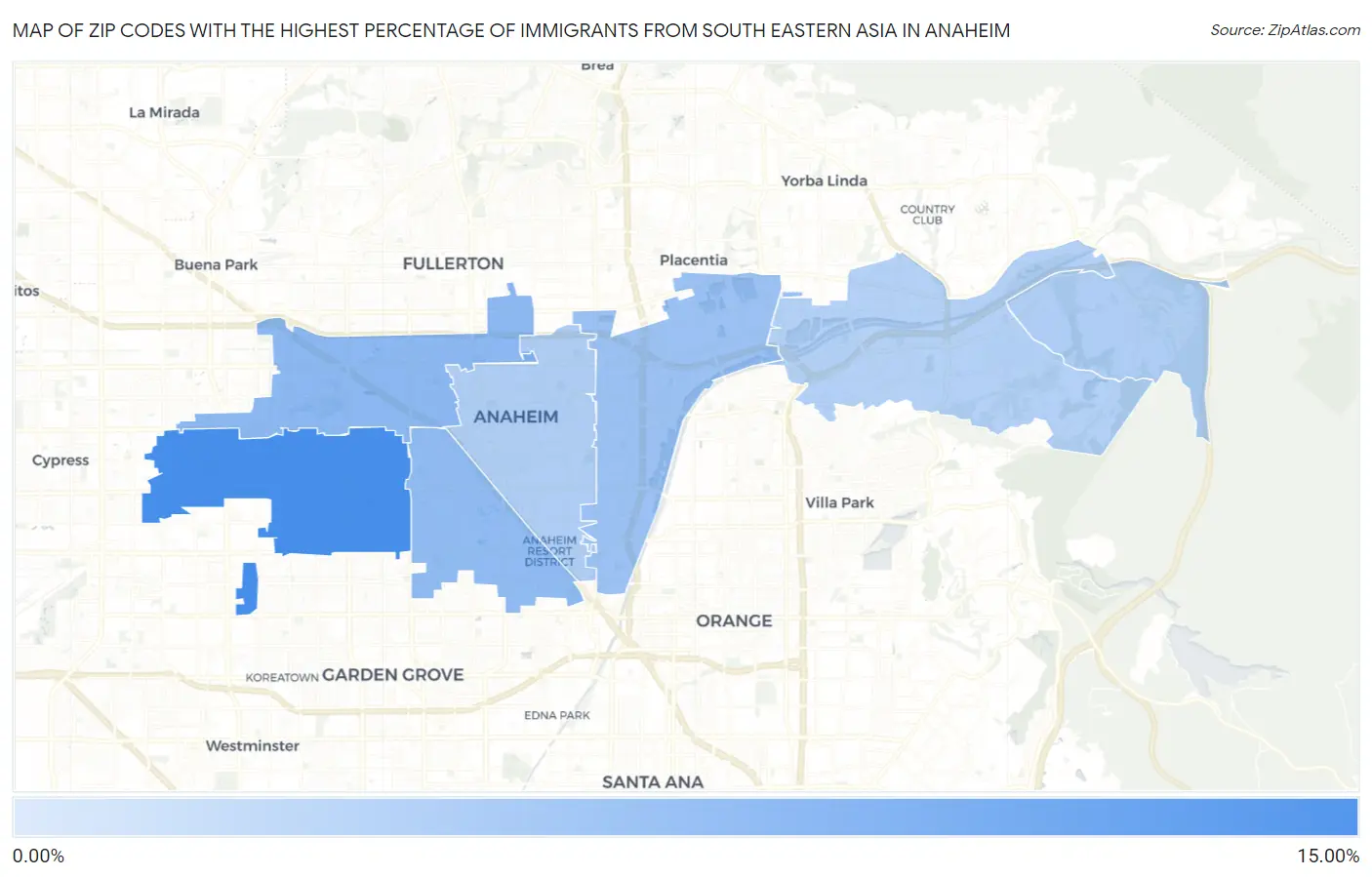 Zip Codes with the Highest Percentage of Immigrants from South Eastern Asia in Anaheim Map