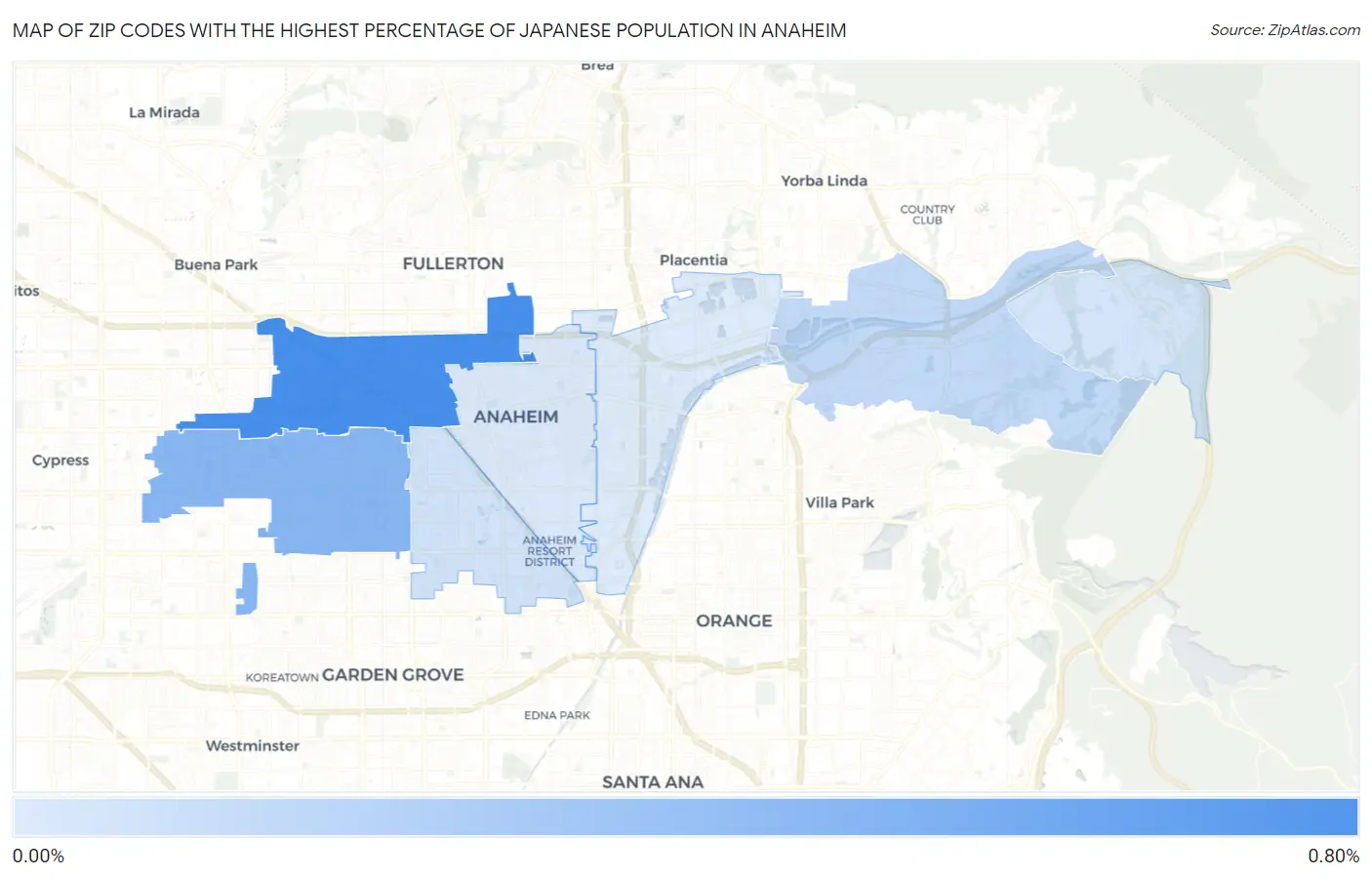 Zip Codes with the Highest Percentage of Japanese Population in Anaheim Map