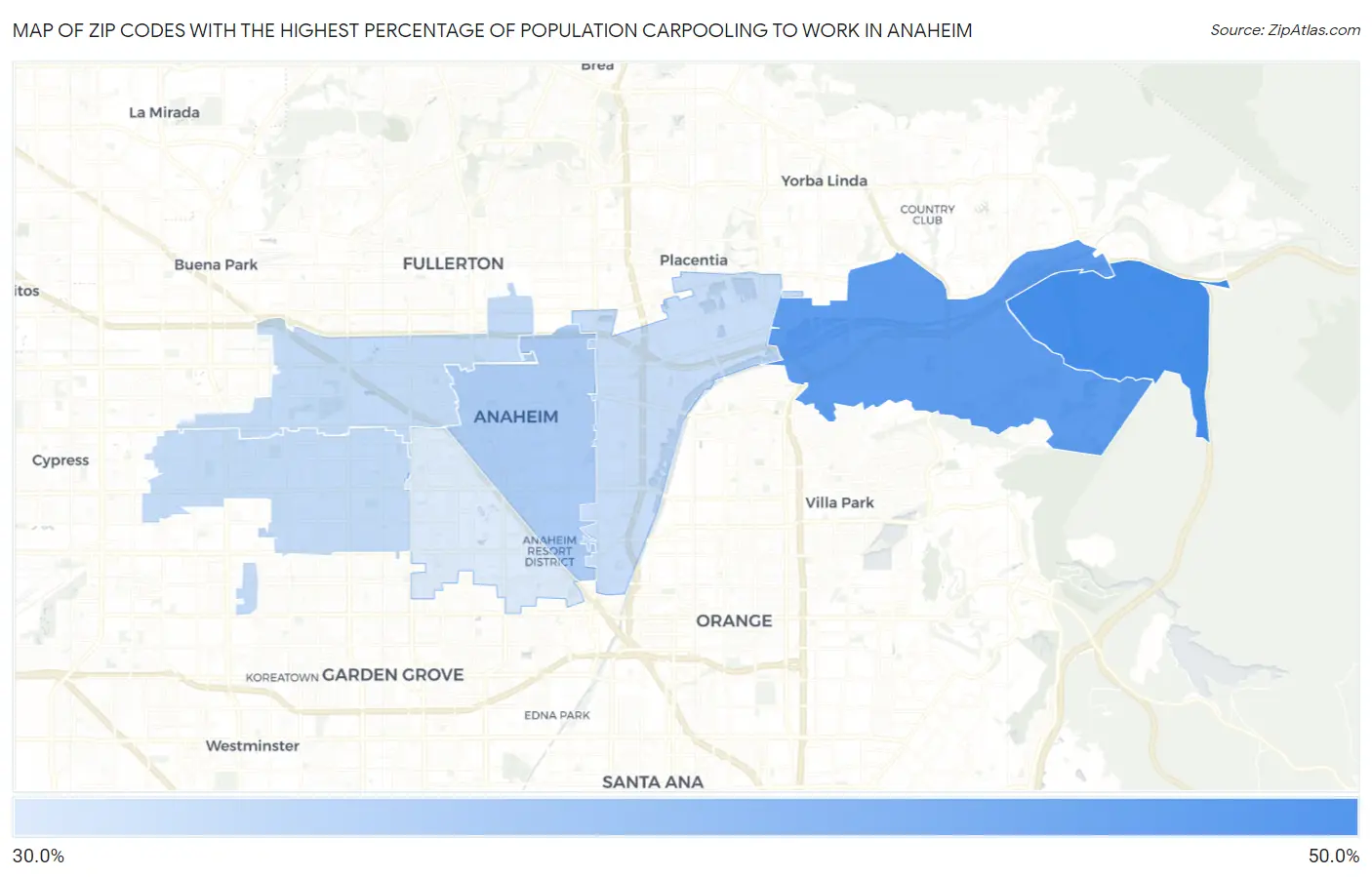 Zip Codes with the Highest Percentage of Population Carpooling to Work in Anaheim Map