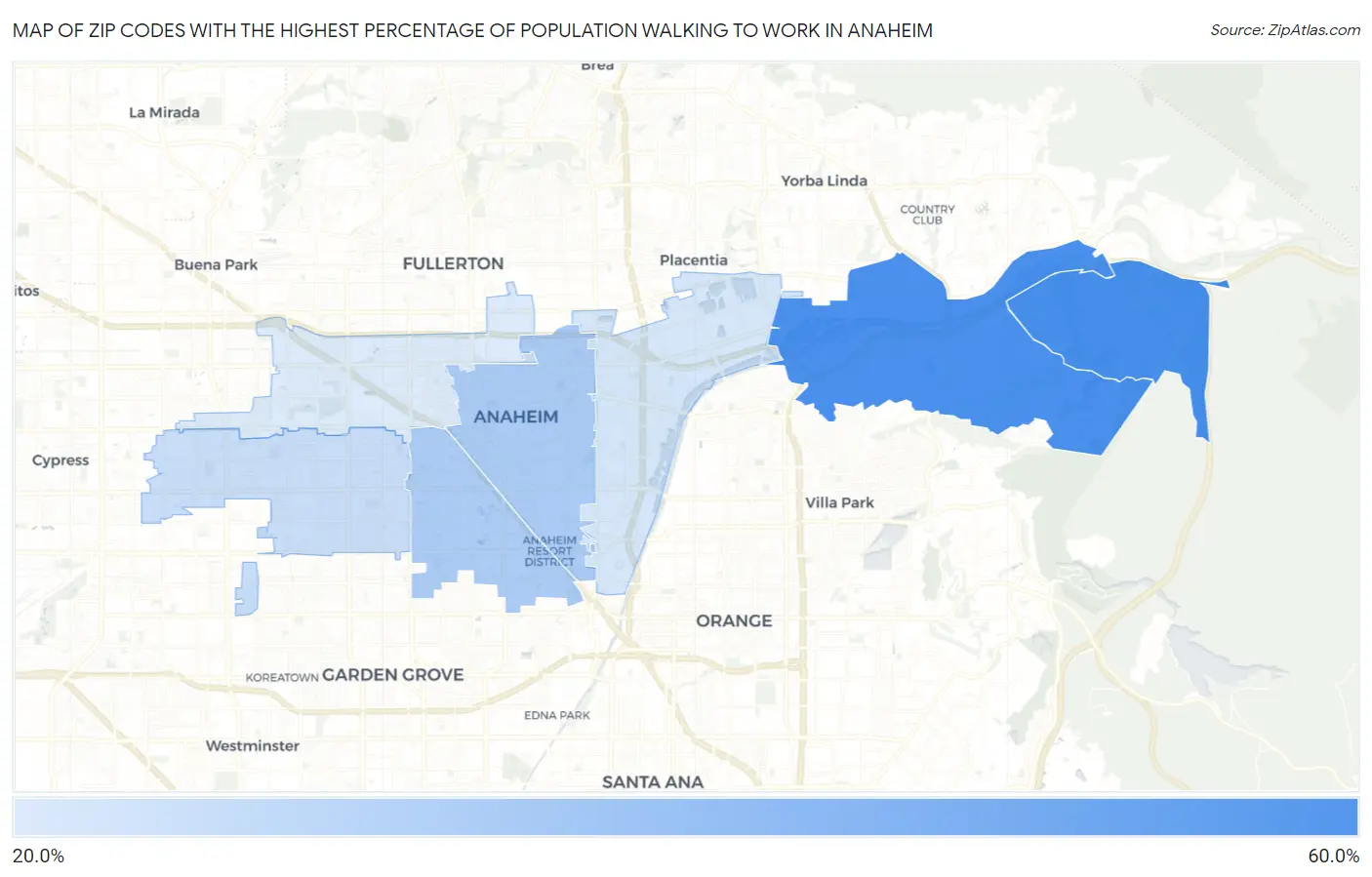 Zip Codes with the Highest Percentage of Population Walking to Work in Anaheim Map