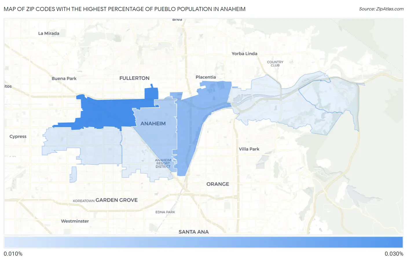Zip Codes with the Highest Percentage of Pueblo Population in Anaheim Map