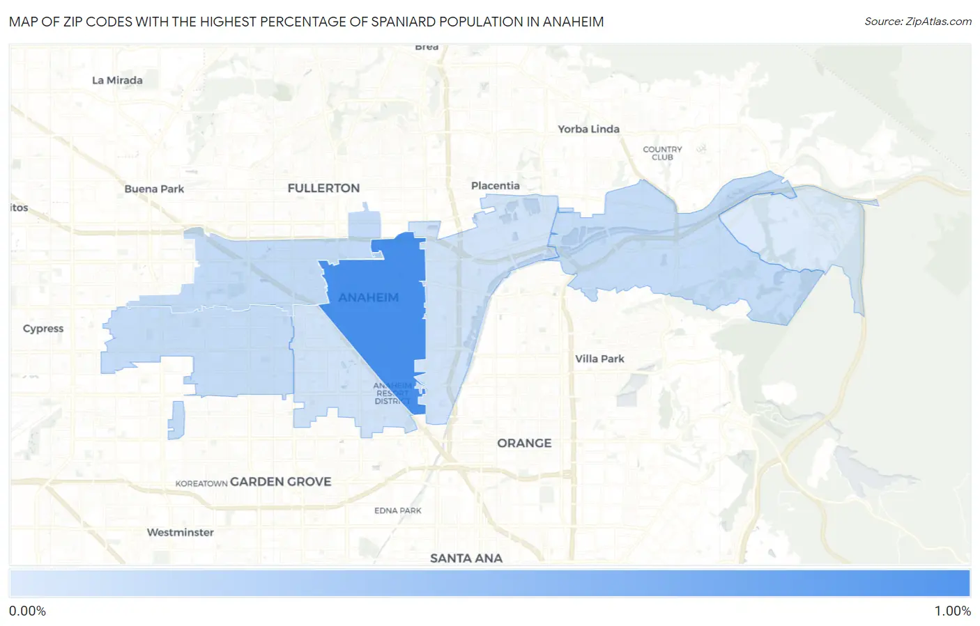 Zip Codes with the Highest Percentage of Spaniard Population in Anaheim Map