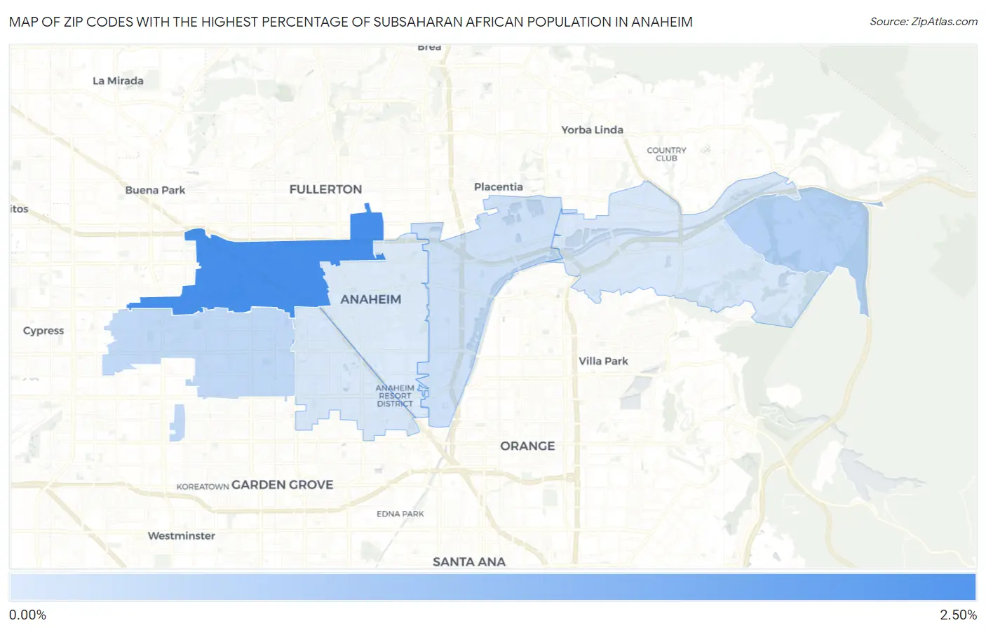 Zip Codes with the Highest Percentage of Subsaharan African Population in Anaheim Map