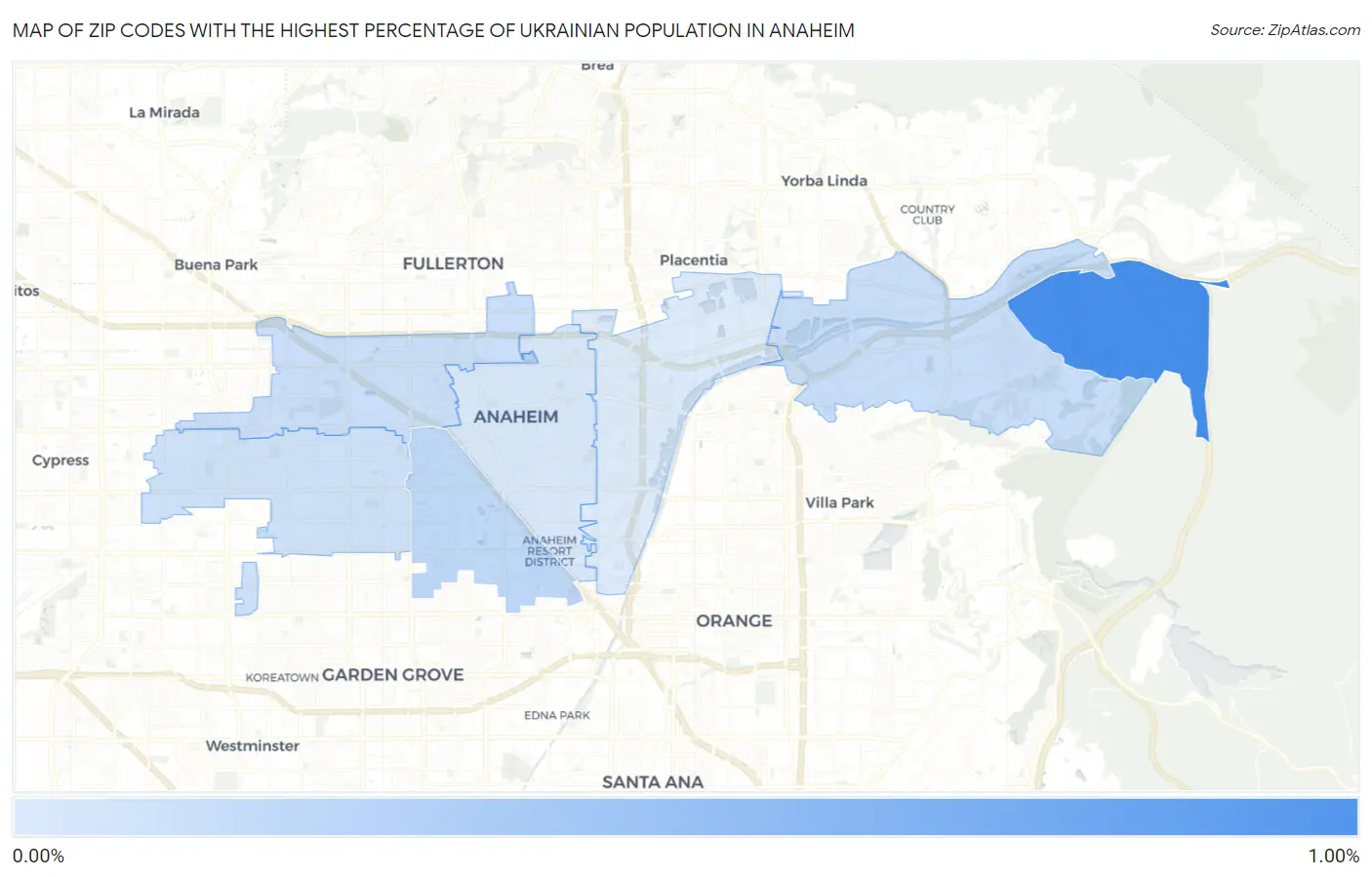 Zip Codes with the Highest Percentage of Ukrainian Population in Anaheim Map