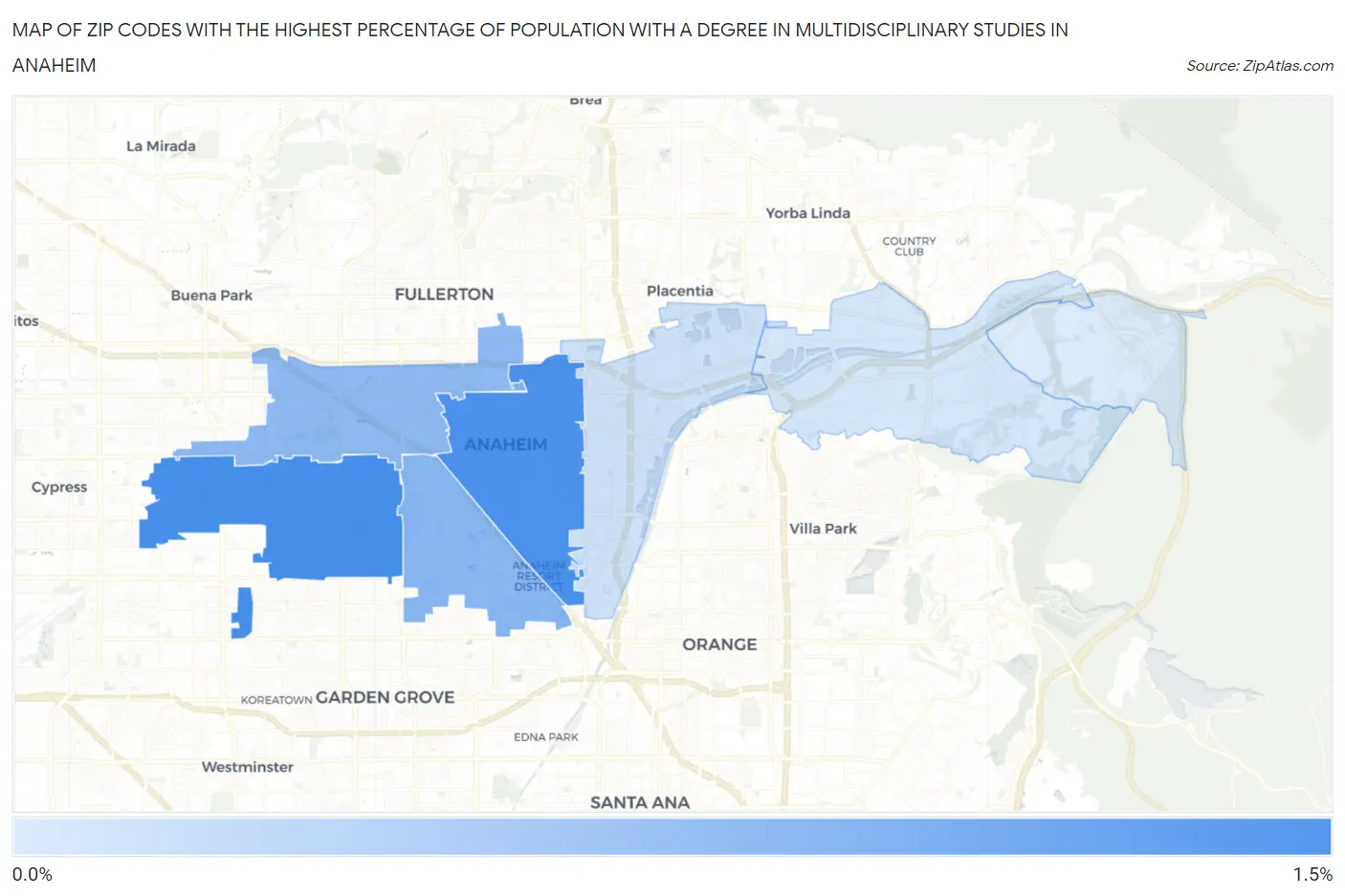 Zip Codes with the Highest Percentage of Population with a Degree in Multidisciplinary Studies in Anaheim Map