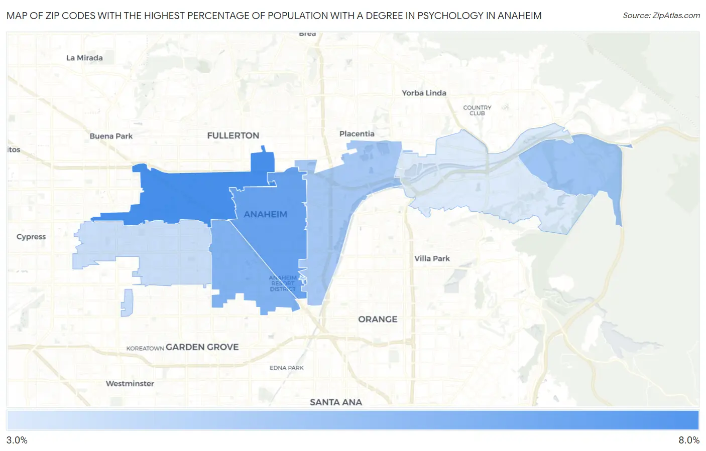 Zip Codes with the Highest Percentage of Population with a Degree in Psychology in Anaheim Map