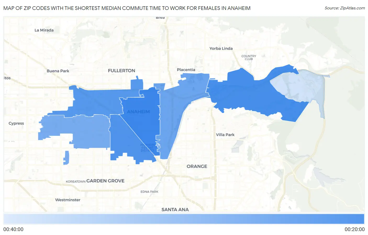 Zip Codes with the Shortest Median Commute Time to Work for Females in Anaheim Map
