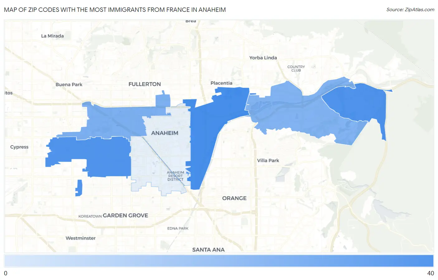 Zip Codes with the Most Immigrants from France in Anaheim Map