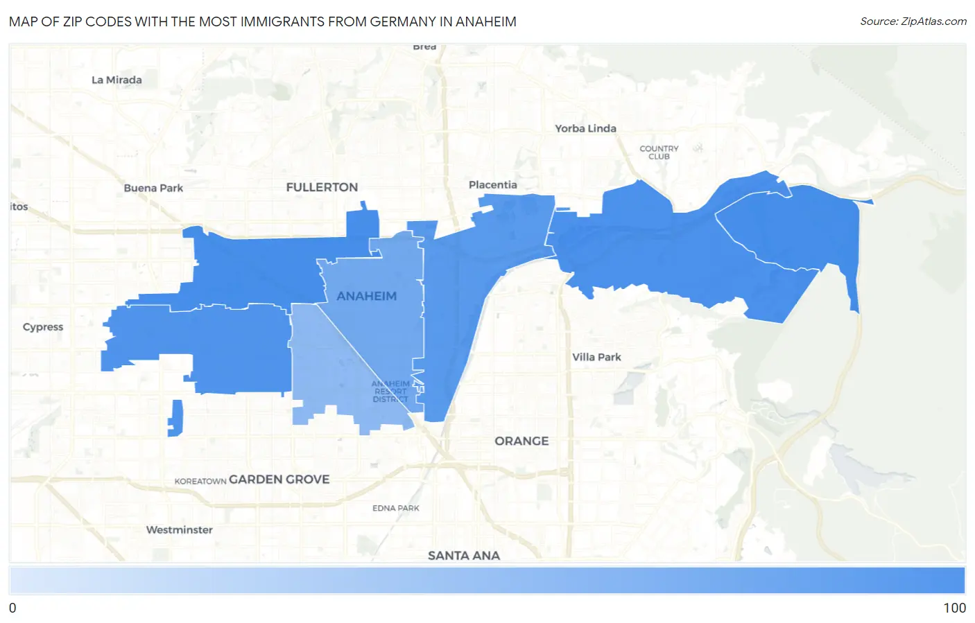 Zip Codes with the Most Immigrants from Germany in Anaheim Map