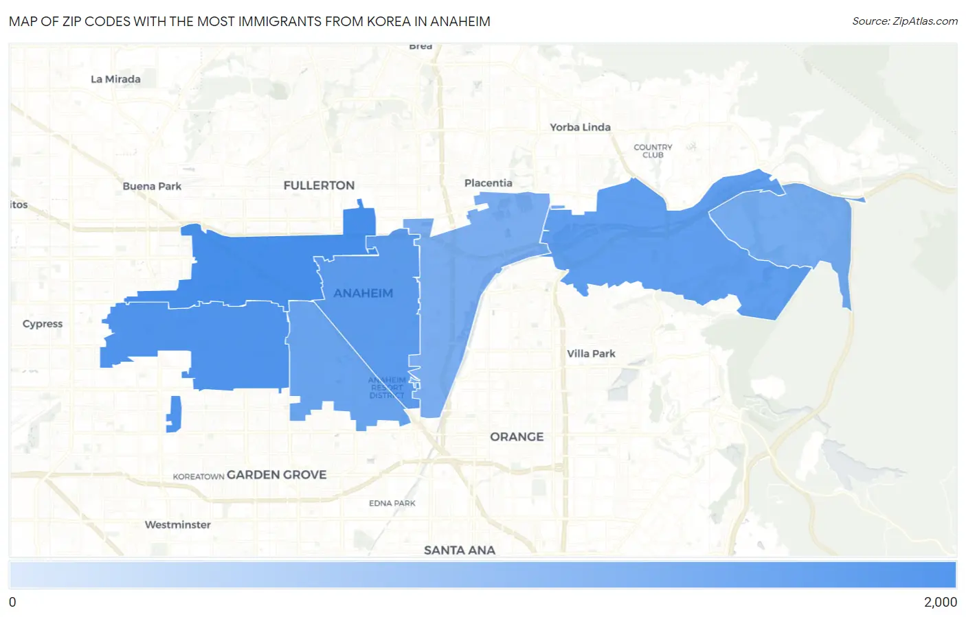 Zip Codes with the Most Immigrants from Korea in Anaheim Map