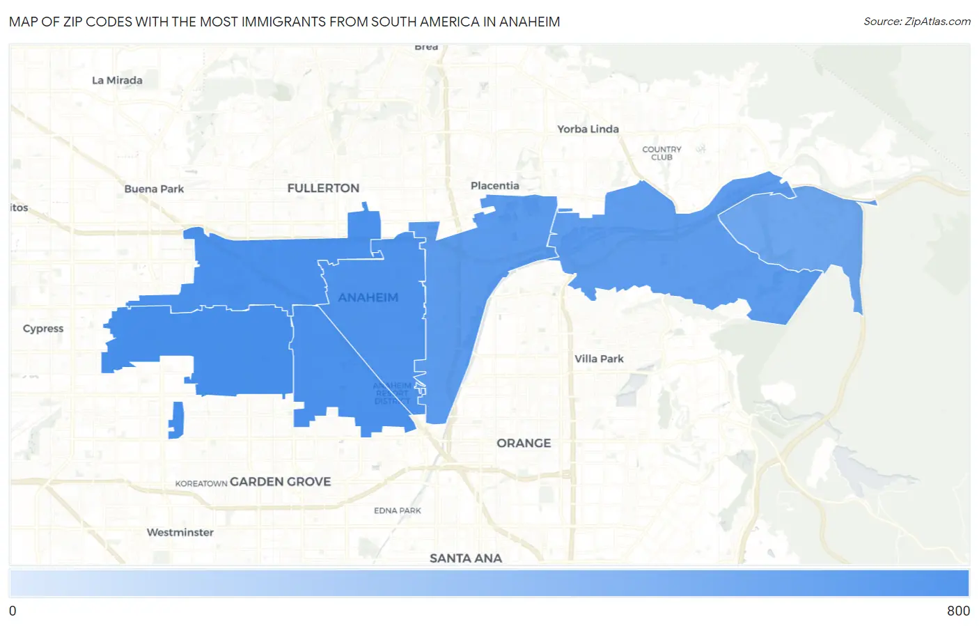 Zip Codes with the Most Immigrants from South America in Anaheim Map