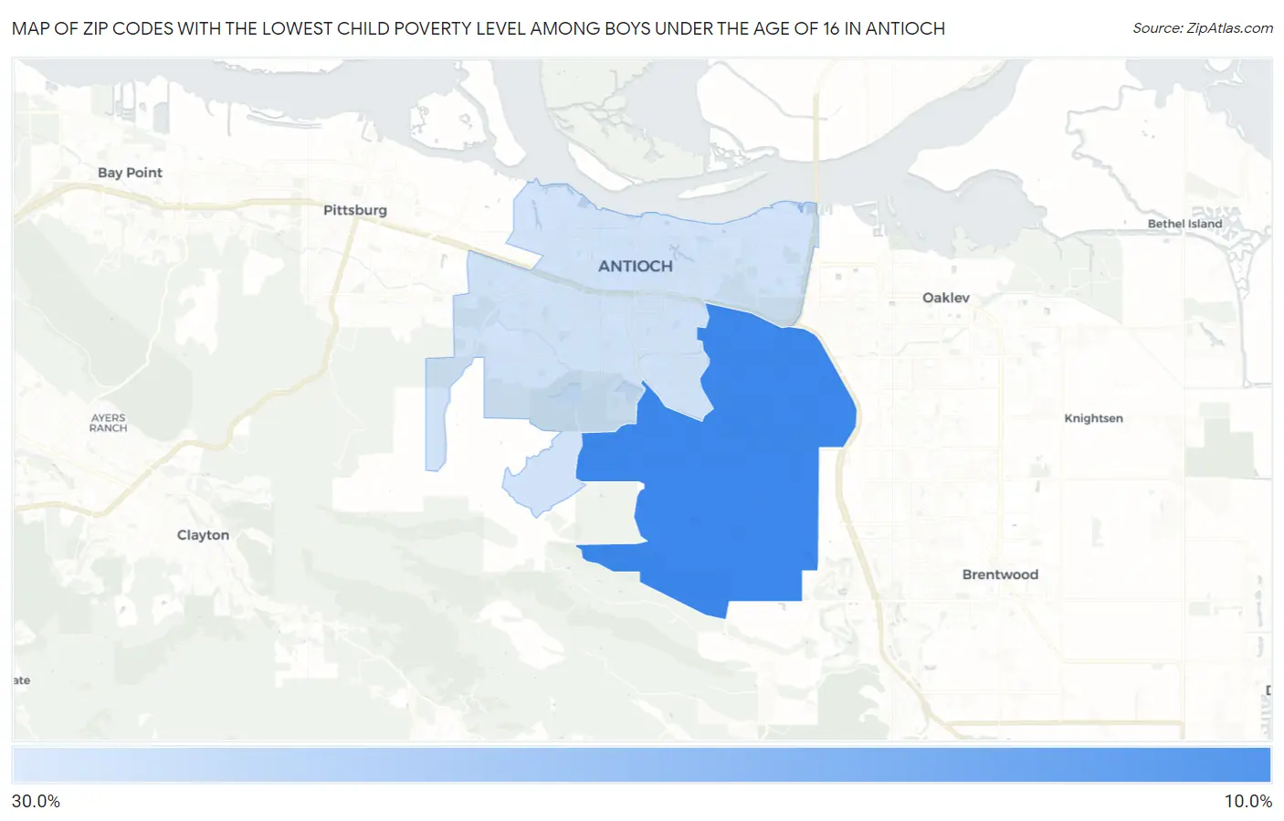Zip Codes with the Lowest Child Poverty Level Among Boys Under the Age of 16 in Antioch Map