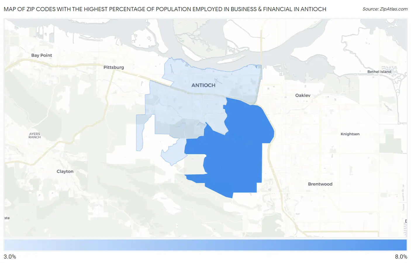 Zip Codes with the Highest Percentage of Population Employed in Business & Financial in Antioch Map