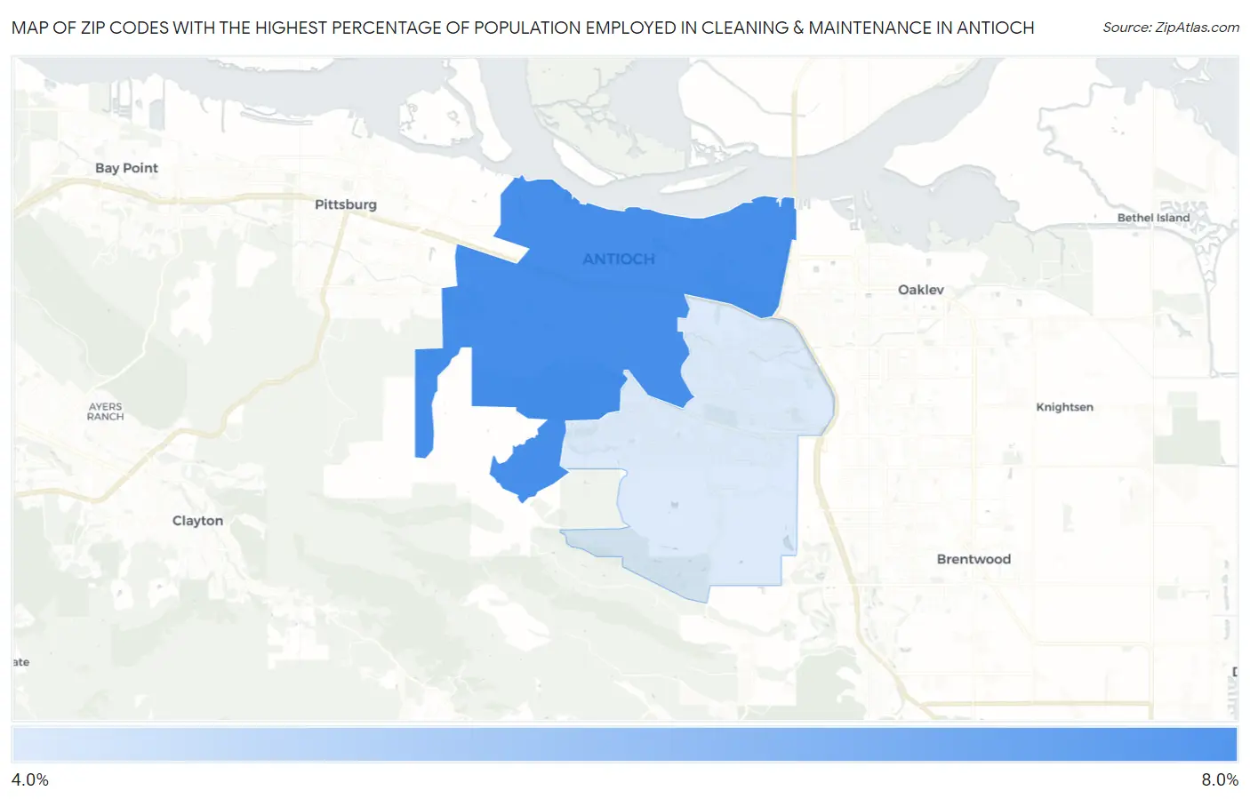 Zip Codes with the Highest Percentage of Population Employed in Cleaning & Maintenance in Antioch Map