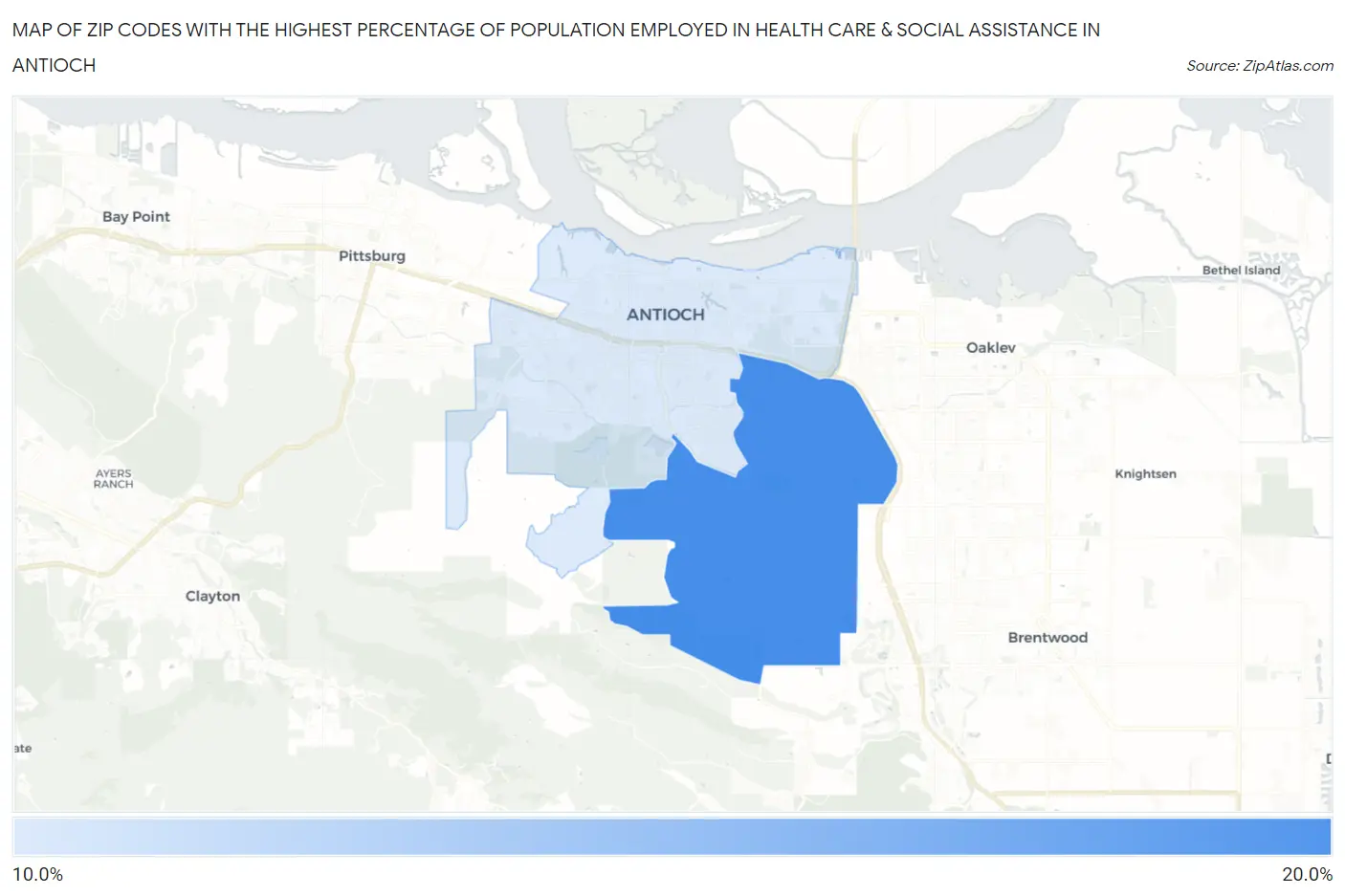 Zip Codes with the Highest Percentage of Population Employed in Health Care & Social Assistance in Antioch Map