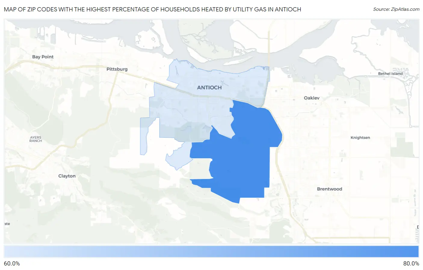 Zip Codes with the Highest Percentage of Households Heated by Utility Gas in Antioch Map