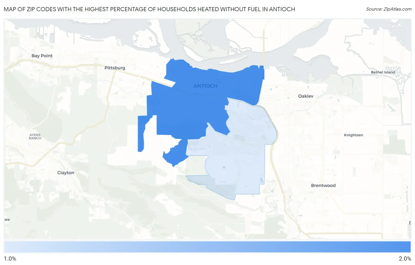 Zip Codes with the Highest Percentage of Households Heated without Fuel in Antioch Map