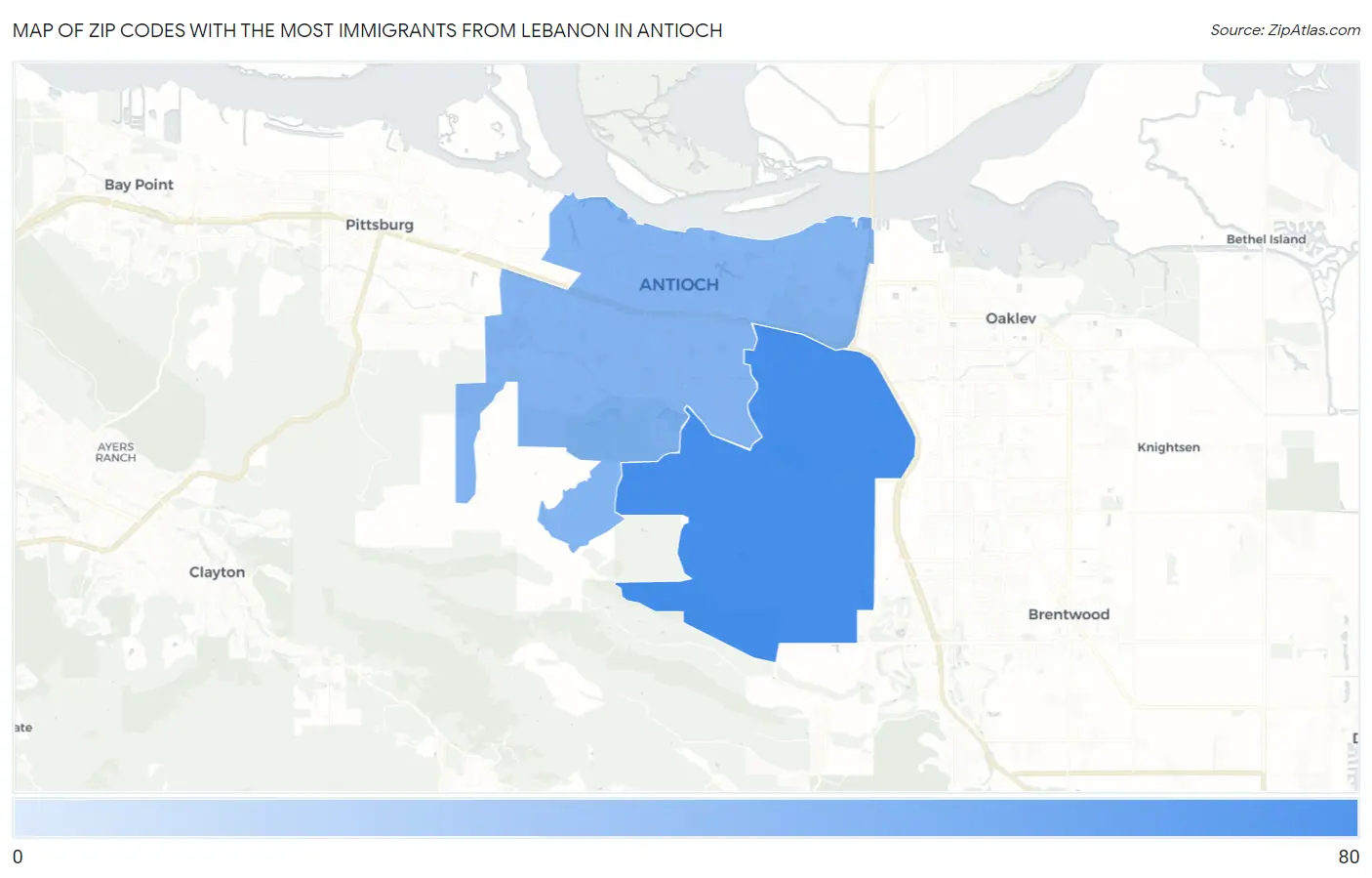 Zip Codes with the Most Immigrants from Lebanon in Antioch Map
